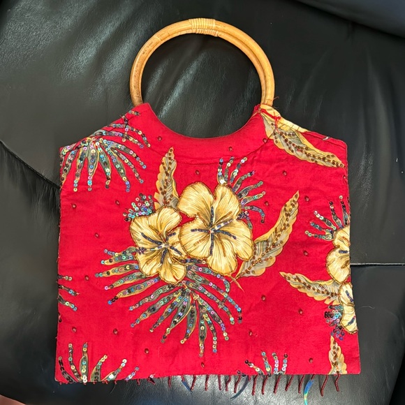 Wood Handles Bag Red Tropical Floral Beaded Sequin - Picture 1 of 7
